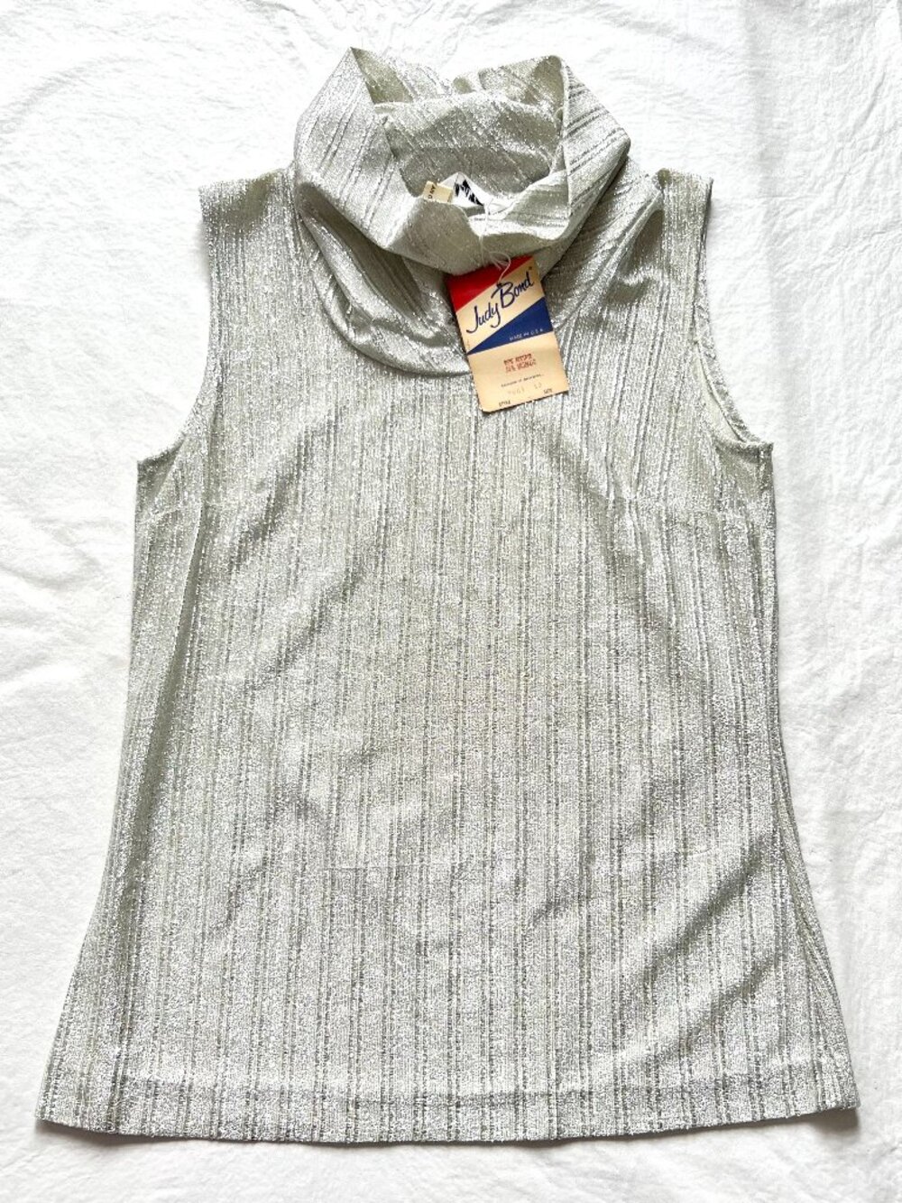 Vintage 70s top cowl neck silver metallic acetate womens 12 sleeveless shirt